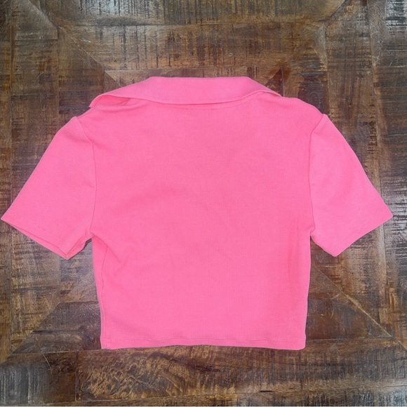 Zara Pink Collared V- Neck Ribbed Cropped Cotton Top Short Sleeve Women Sz M - Picture 7 of 8